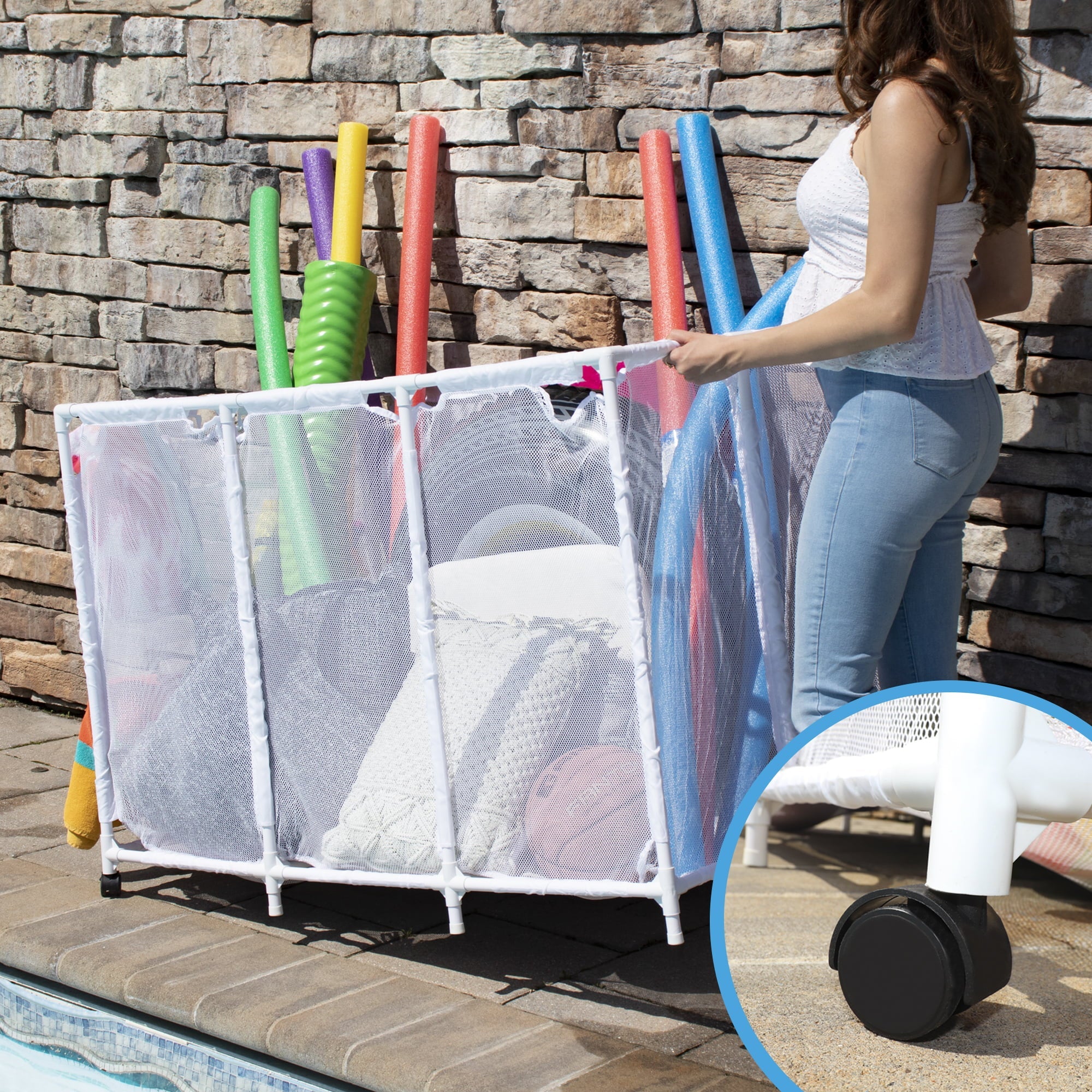 Essentially Yours Pool Noodles Holder, Toys, Floats, Balls and Floats Equipment Mesh Rolling Storage Organizer Bin,, Extra-Large, (47.2" W x 30.2" L x 34" H), White Style 455119
