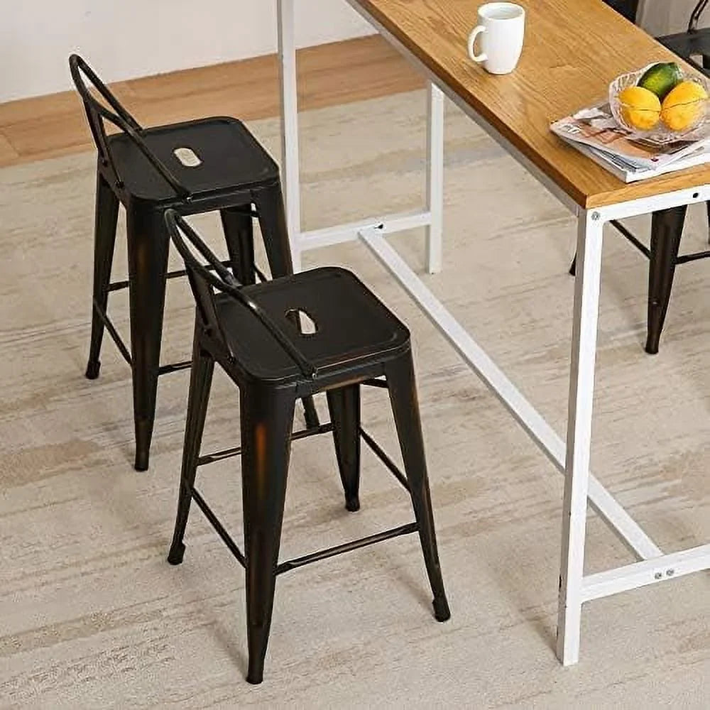 SPBOOMlife Metal  Stools Set of 4 Barstools Counter Height  Stools with Back Industrial  Stools Indoor Outdoor Kitchen Dining Chairs Modern  Chairs Distressed Navy Blue 24inch Stools