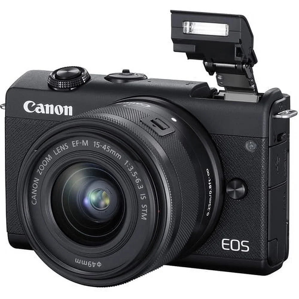 Repaired Canon EOS M200 Mirrorless Digital Camera with 15-45mm Lens (Black) (3699C009) + 64GB Memory Card + Case + Card Reader + Flex Tripod + Hand Strap + Cap Keeper + Memory Wallet + Cleaning Kit (Refurbished)