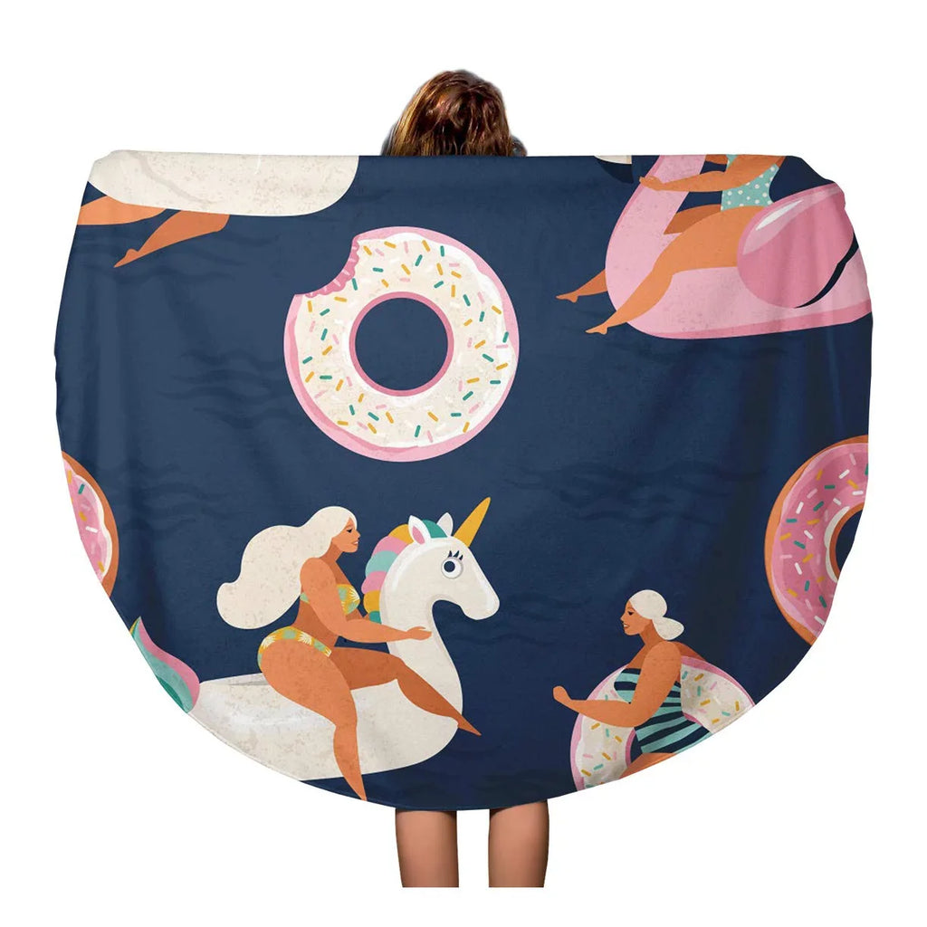 LADDKA 60 inch Round Beach Towel Blanket Flamingo Unicorn Swan and Sweet Donut Inflatable Swimming Pool Floats Travel Circle Circular Towels Mat Tapestry Beach Throw