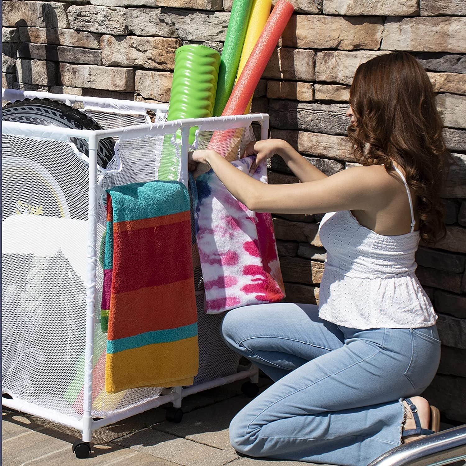 Essentially Yours Pool Noodles Holder, Toys, Floats, Balls and Floats Equipment Mesh Rolling Storage Organizer Bin,, Extra-Large, (47.2" W x 30.2" L x 34" H), White Style 455119
