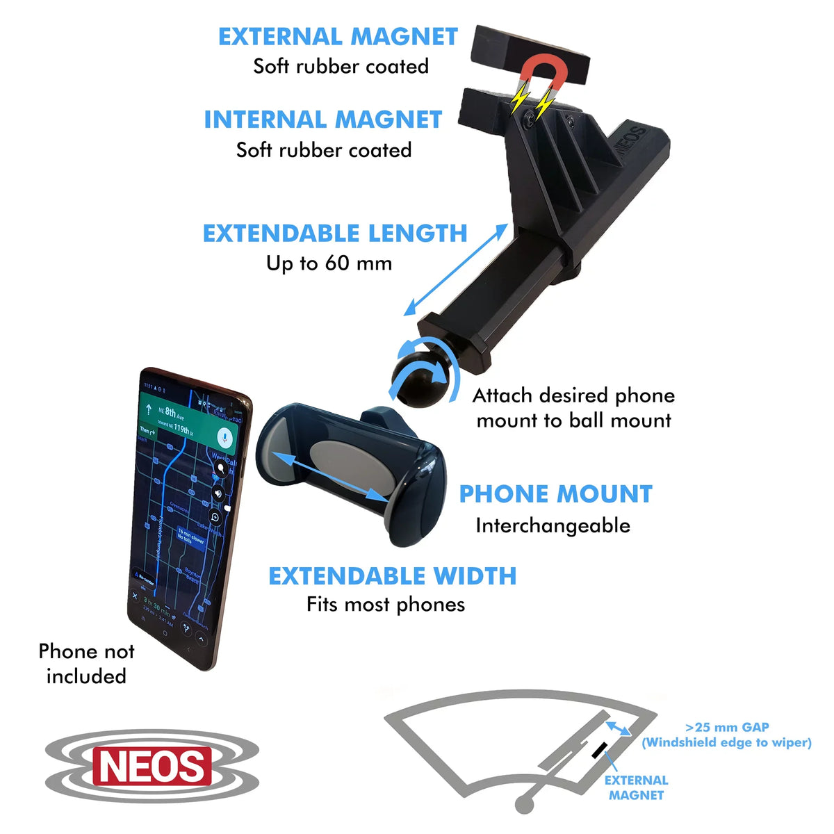 NEOS Magnetic Vehicle Phone Holder (Mount Version D) Best and Reliable Windshield Universal Car and Boat Mount for iPhone, Samsung, Moto, Huawei, Nokia, LG, Smartphones