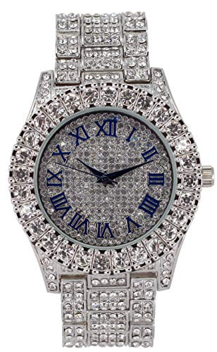 Charles Raymond Mens Silver Big Rocks with Roman Numerals Fully Iced Out Colorful Dial Wristwatch w/Blinged Out Cuban Shiny Silver Bracelet - ST10327 RN Cuban (Silver Royal Blue R #)