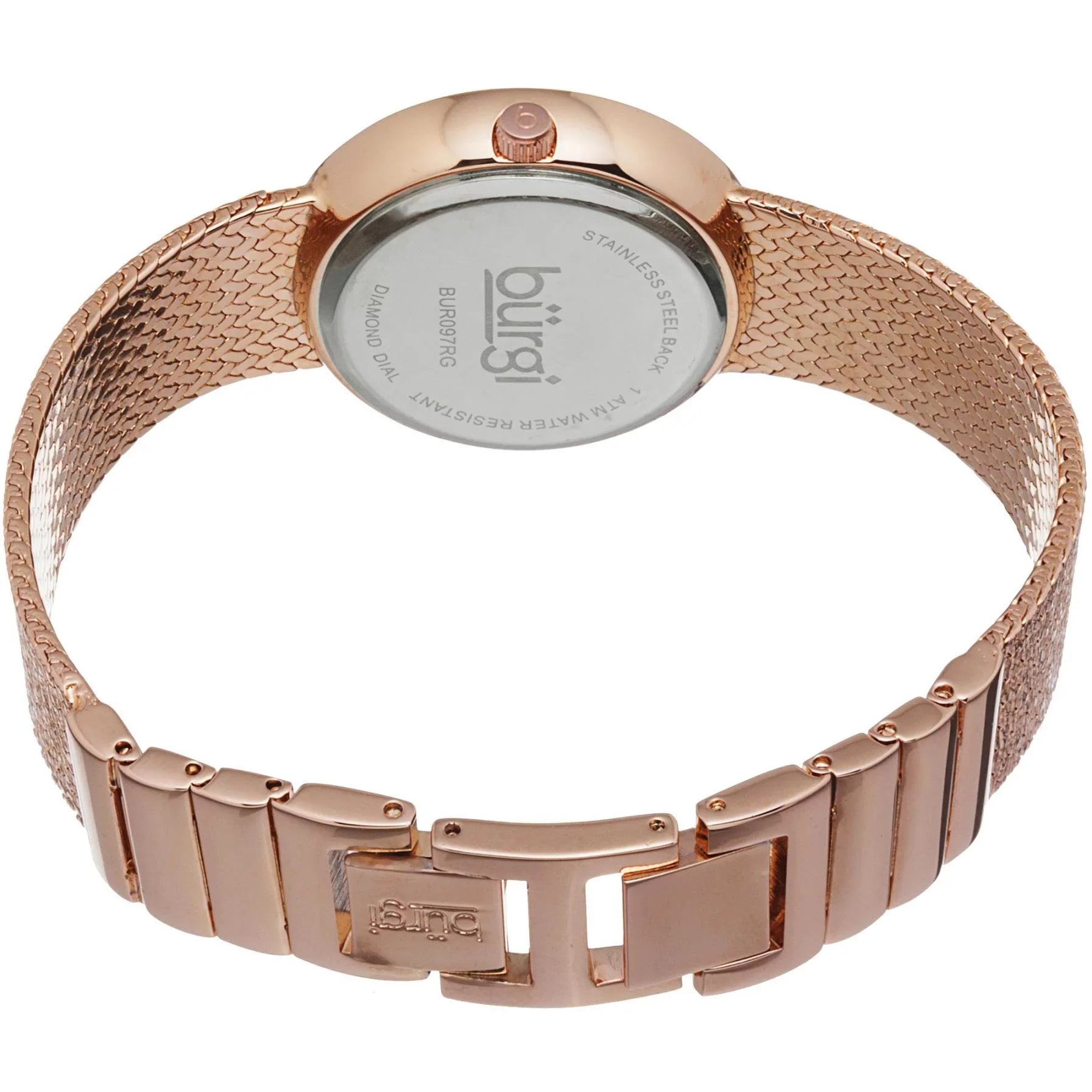 Women's BUR097RG Crystal Accented Rose Gold Swiss Quartz Watch with Pink Mother of Pearl Dial and Rose Gold Bracelet