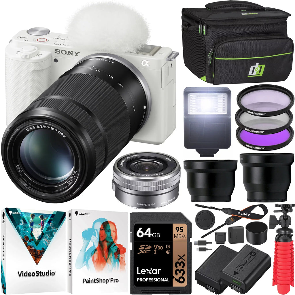 Sony ZV-E10 Mirrorless Alpha APS-C Vlog Camera 2 Lens Kit 16-50mm + 55-210mm ILCZV-E10L/W White Bundle with Deco Gear Case + Filter Set + Wide Angle & Telephoto Lenses + Extra Battery & Accessories