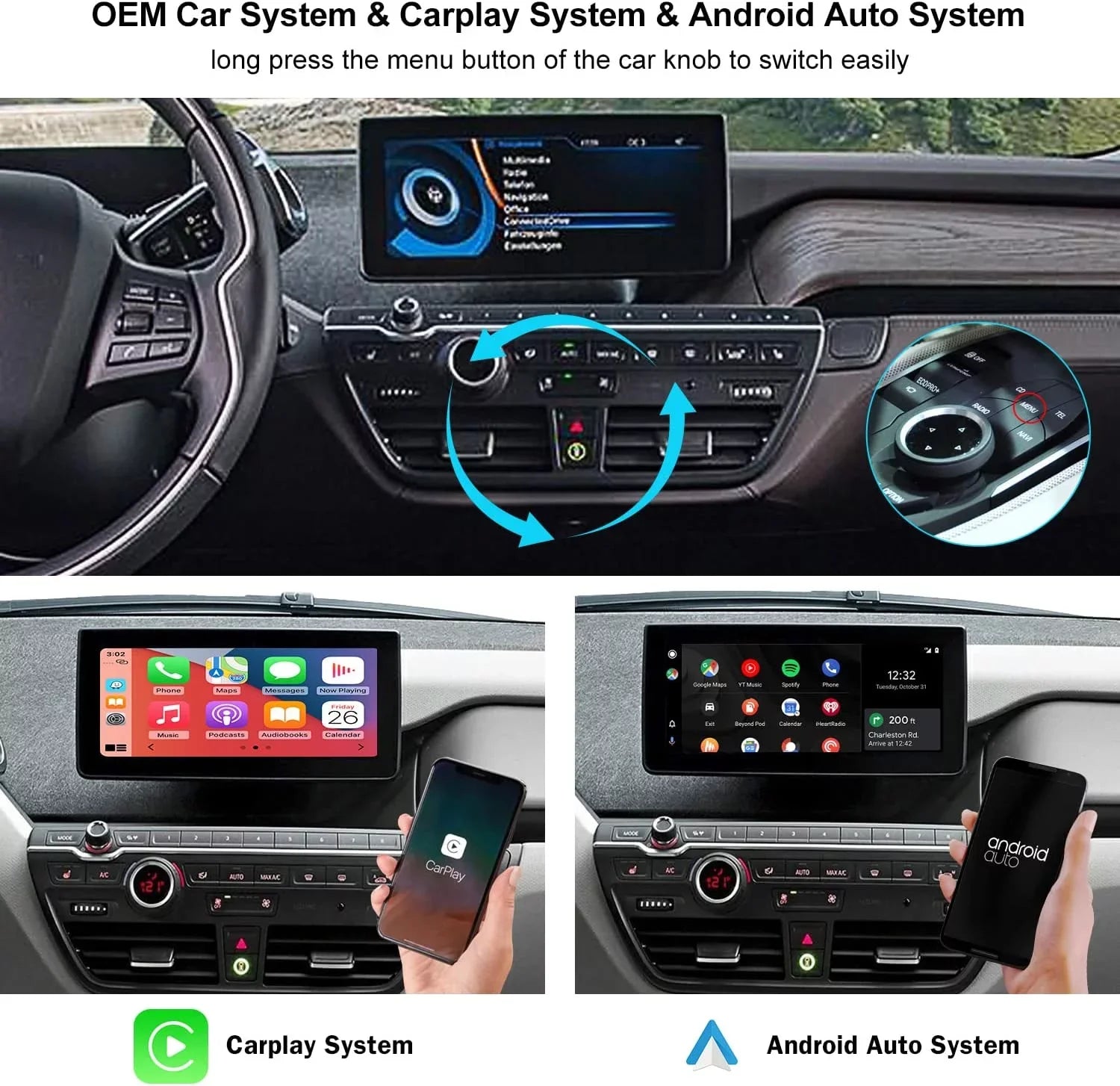 Road Top Wireless Carplay Retrofit Kit Decoder for BMW i3 I01 NBT System 2012-2017 Year, Support Android Auto, Mirrorlink, Reverse Camera, Original Car Knob Control