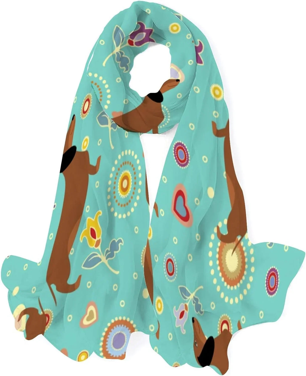 Hyjoy Dachshunds On Turquoise Floral Long Silk Neck Scarf Lightweight Shawl Wrap Scarves for Women Girls
