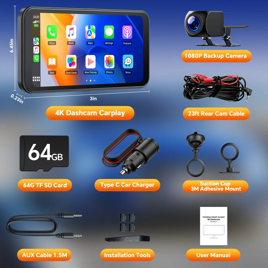 TOGUAR 6.25" Portable Apple Carplay Android Auto Screen with 4K Ultra HD Dash Cam, Wireless Car Play for GPS Navigation, Bluetooth Car Stereo, Backup Camera Park Assist, Mirror Link Car Radio Receiver