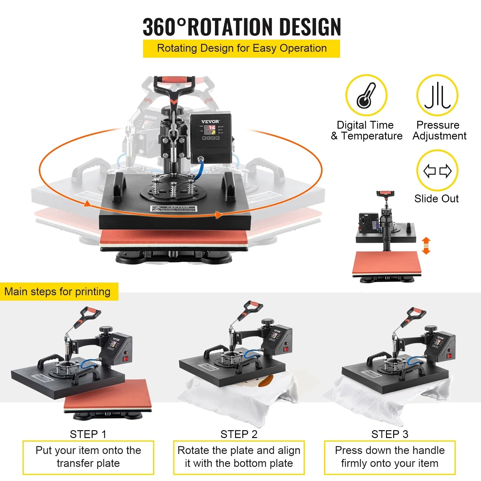 VEVORbrand 6 in 1 Heat Press Machine 15"x15" Combo Digital Multifunctional Sublimation Heat Transfer Machine Dual LED Panel 360 Degree Rotation Swing Away for Printing T Shirts Hat Mug Cap Plate
