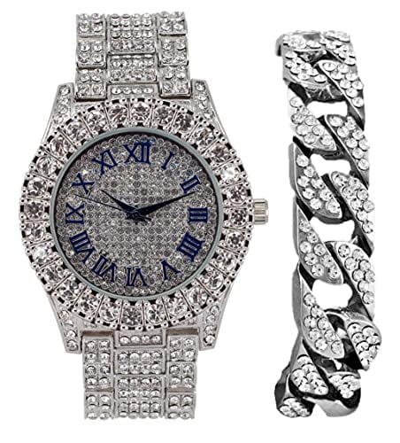 Charles Raymond Mens Silver Big Rocks with Roman Numerals Fully Iced Out Colorful Dial Wristwatch w/Blinged Out Cuban Shiny Silver Bracelet - ST10327 RN Cuban (Silver Royal Blue R #)