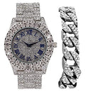 Charles Raymond Mens Silver Big Rocks with Roman Numerals Fully Iced Out Colorful Dial Wristwatch w/Blinged Out Cuban Shiny Silver Bracelet - ST10327 RN Cuban (Silver Royal Blue R #)