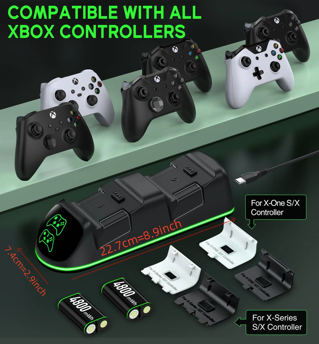DinoFire Xbox Controller Charging Station with 2x4800mWh Rechargeable Battery Packs, Xbox Series X Controller Charger for Xbox Series X|S/Xbox one/Elite