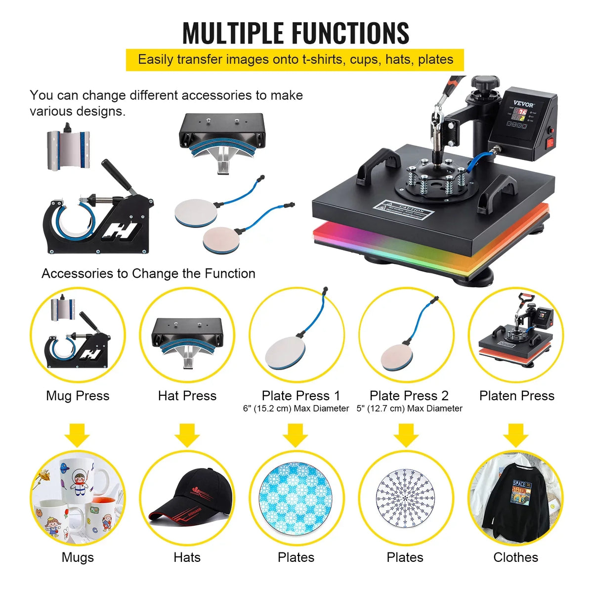 VEVORbrand 6 in 1 Heat Press Machine 15"x15" Combo Digital Multifunctional Sublimation Heat Transfer Machine Dual LED Panel 360 Degree Rotation Swing Away for Printing T Shirts Hat Mug Cap Plate