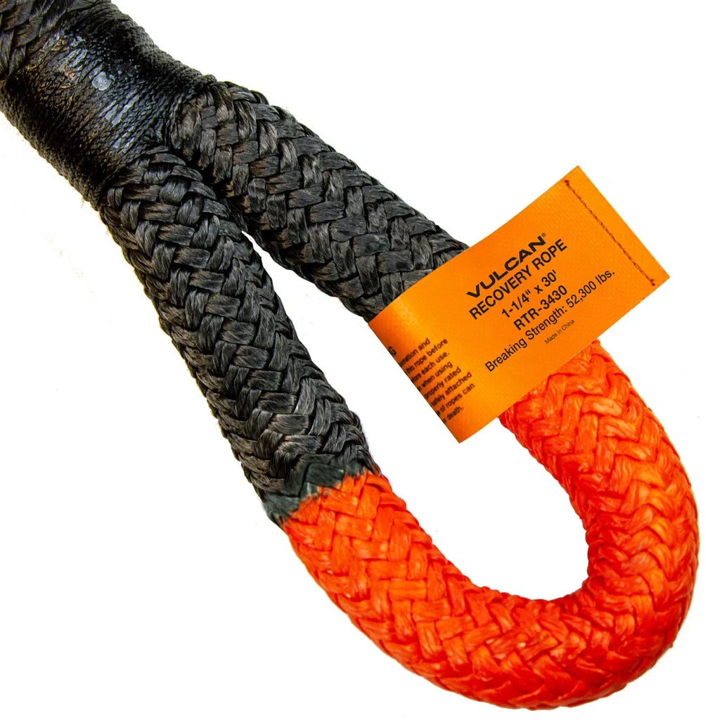 VULCAN Off-Road Recovery Rope, 1-1/4 inch x 30 foot, Orange Eyes, 52300 Lbs Breaking Strength, Bag