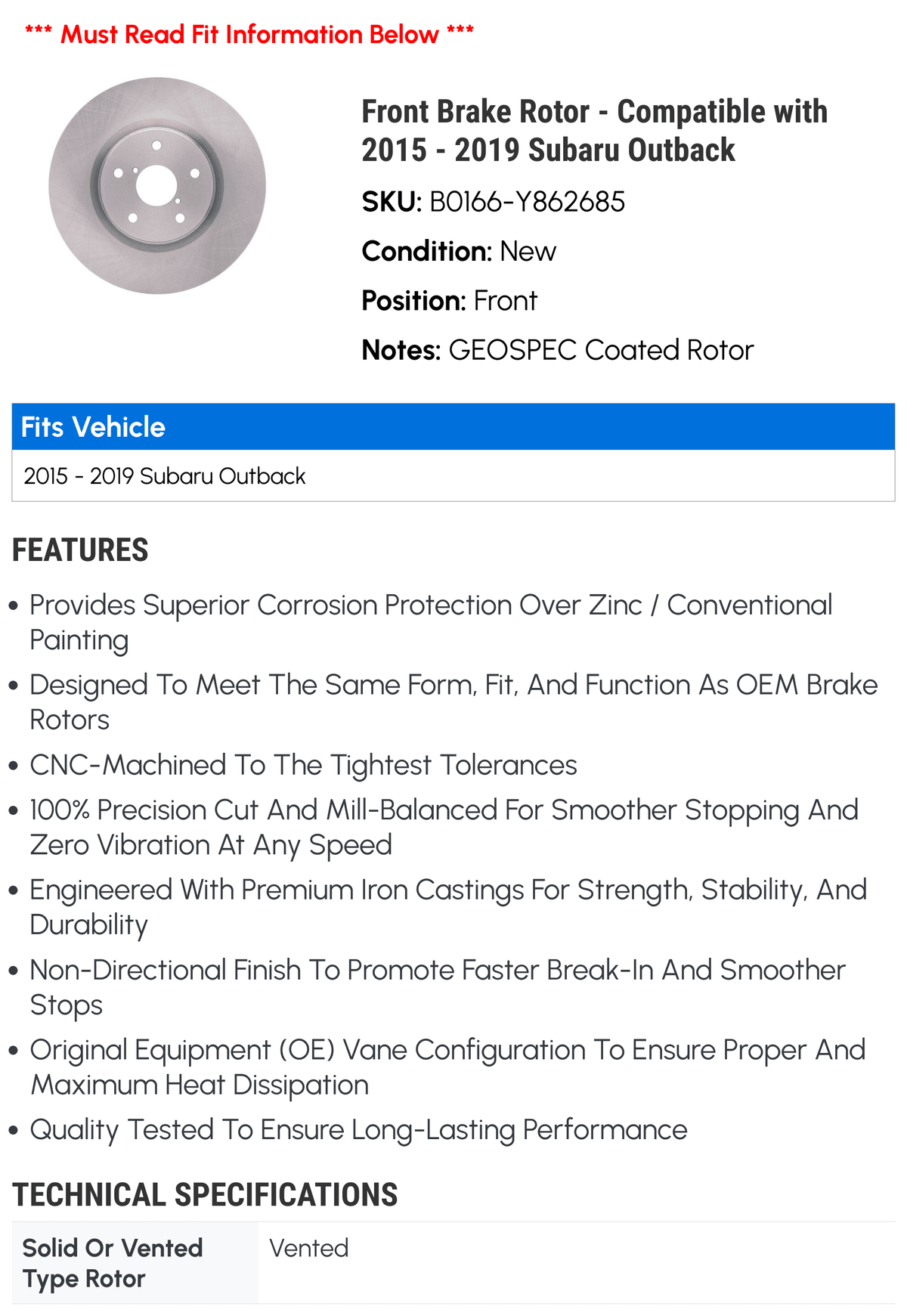 Front Brake Rotor - Compatible with 2015 - 2019 Subaru Outback 2016 2017 2018
