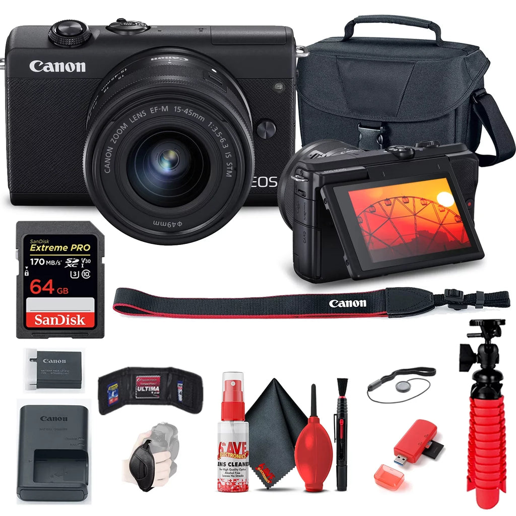 Repaired Canon EOS M200 Mirrorless Digital Camera with 15-45mm Lens (Black) (3699C009) + 64GB Memory Card + Case + Card Reader + Flex Tripod + Hand Strap + Cap Keeper + Memory Wallet + Cleaning Kit (Refurbished)