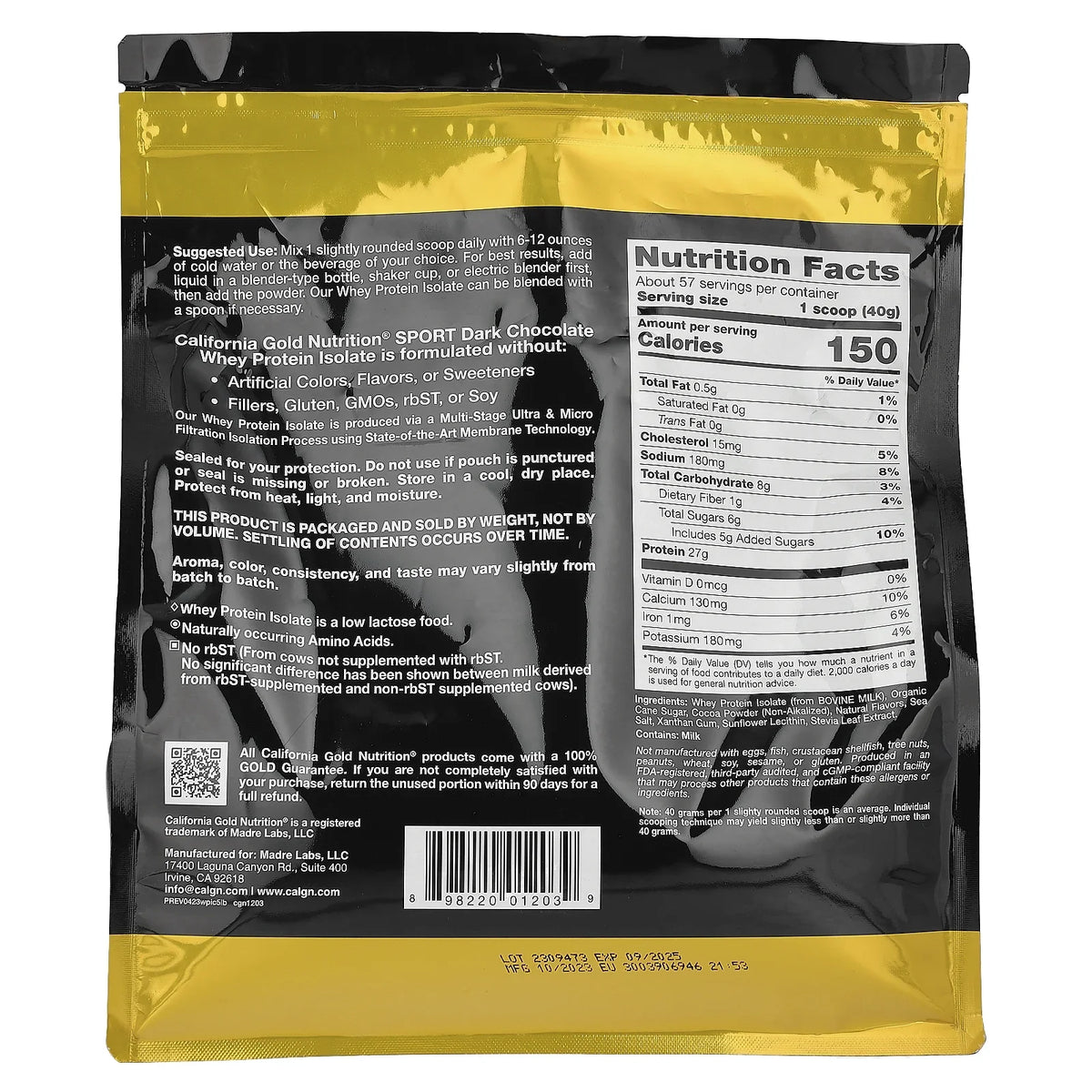 California Gold Nutrition SPORT - Dark Chocolate Whey Protein Isolate, 5 lbs (2.27 kg)