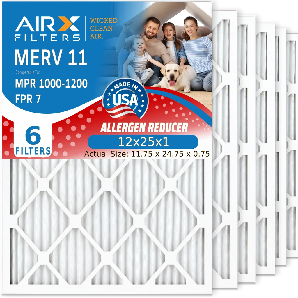 12x25x1 Air Filter MERV 11 Comparable to MPR 1000, MPR 1200 & FPR 7 Electrostatic Pleated Air Conditioner Filter 6 Pack HVAC Premium USA Made 12x25x1 Furnace Filters by AIRX FILTERS WICKED CLEAN AIR.