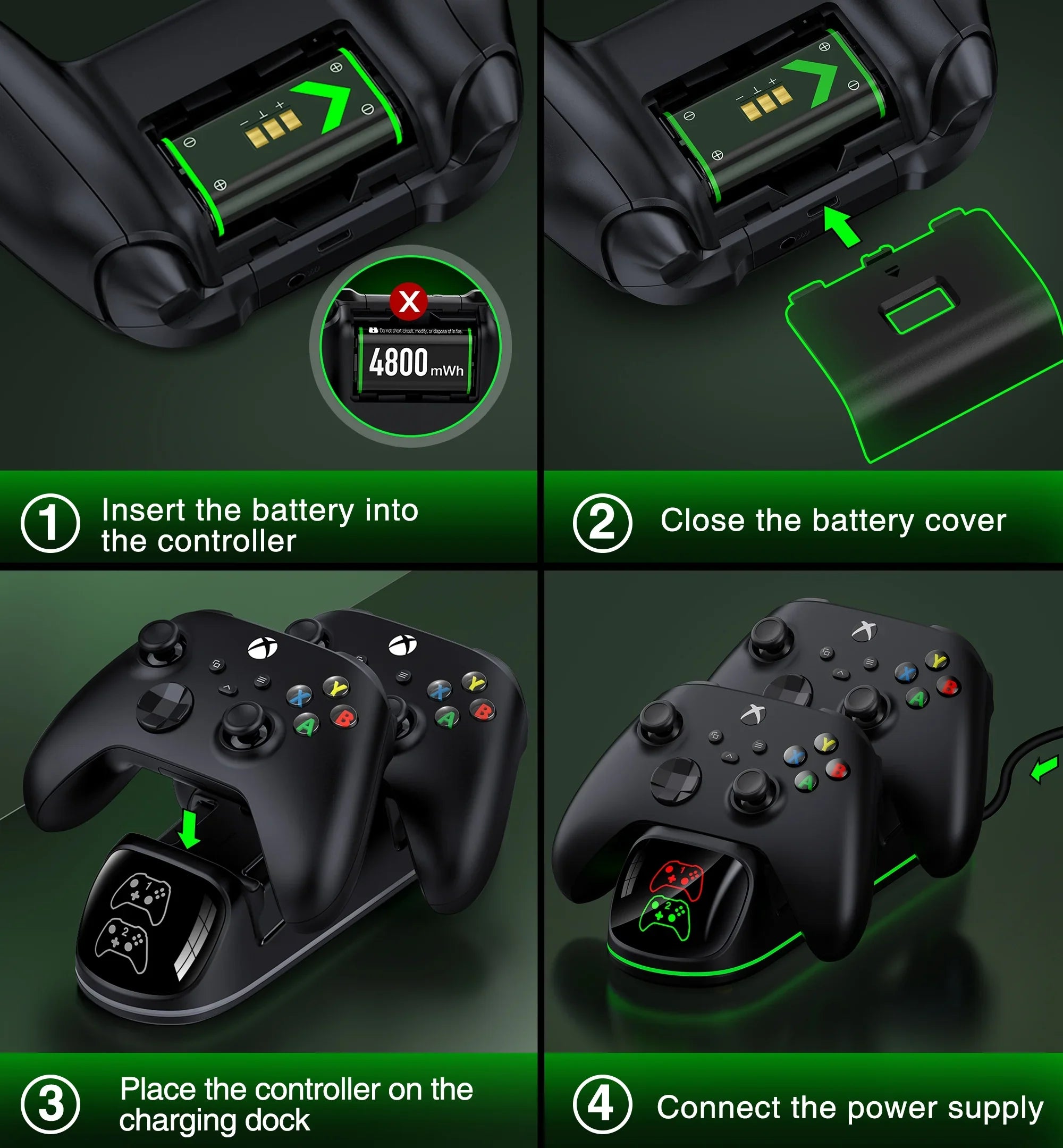 DinoFire Xbox Controller Charging Station with 2x4800mWh Rechargeable Battery Packs, Xbox Series X Controller Charger for Xbox Series X|S/Xbox one/Elite