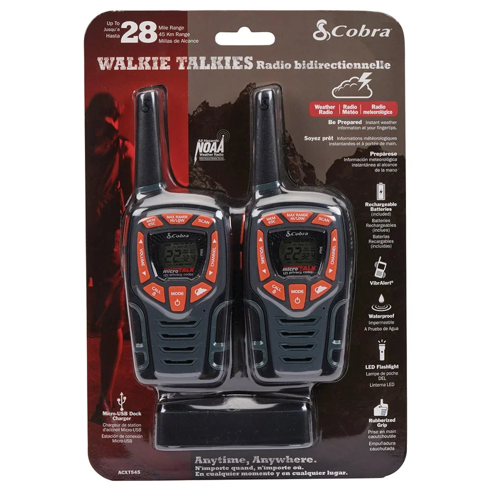 Cobra ACXT545 Weather-Resistant Walkie Talkies for Adults - Rechargeable, 22 Channels, Long Range 28-Mile Two-Way Radio Set (2-Pack)
