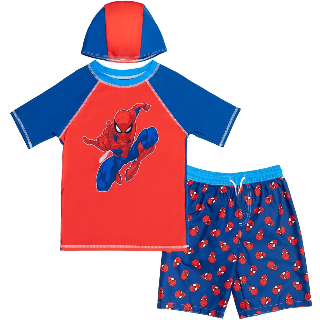 Marvel Avengers Spider-Man Little Boys Rash Guard Swim Trunks and Cap 3 Piece Swimsuit Set Toddler to Big Kid