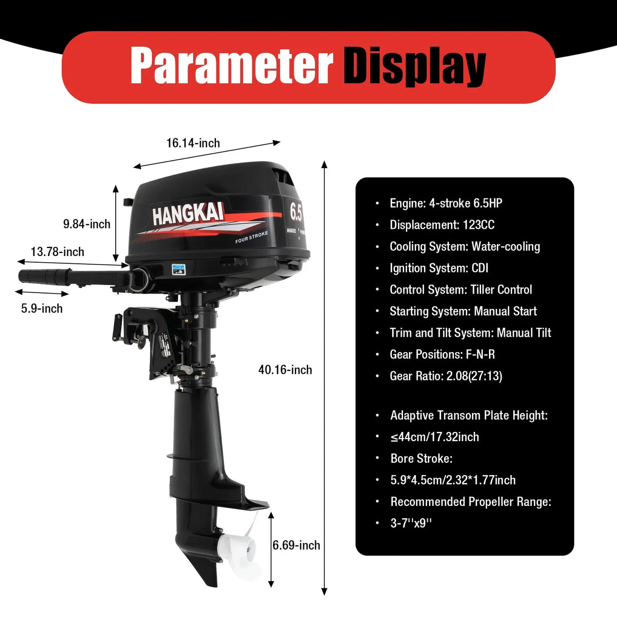 Anqidi 6.5HP 4 Stroke Outboard Motor 123CC Heavy Duty Boat Engine with Single Cylinder Water Cooling System & CDI Ignition Tiller Control Max 6000r/min