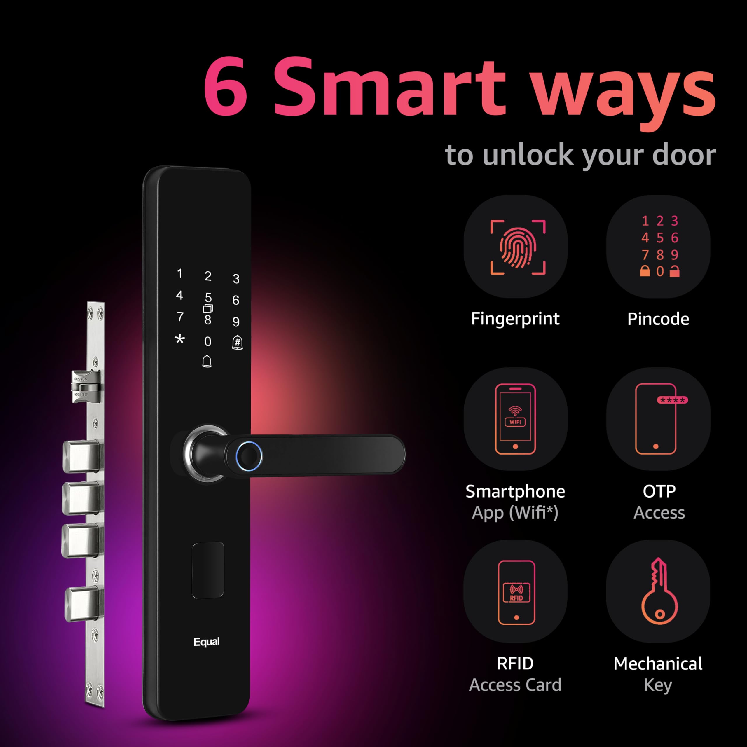 Equal Smart Door Lock A8 Wifi | 6-Way Unlocking | Fingerprint, Pincode, Rfid Access Card, Mechanical Key, Otp Access, Mobile App (Wifi) For Wooden Doors | 1 Year Brand Wa