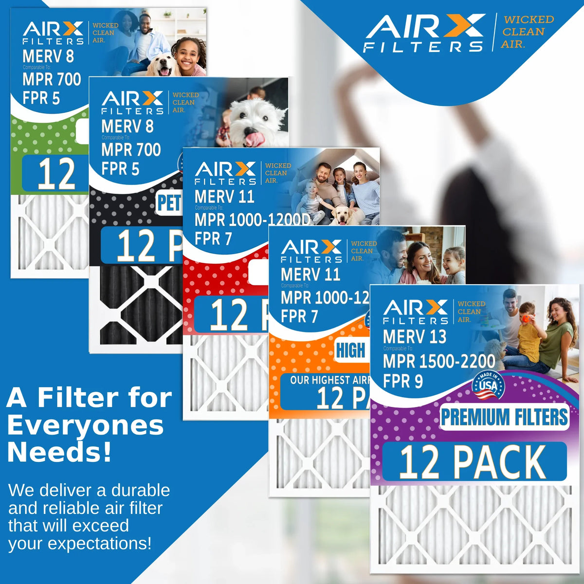 14x24x1 Air Filter MERV 11 Rating, 12 Pack of Furnace Filters Comparable to MPR 1000, MPR 1200 & FPR 7 - Made in USA by AIRX FILTERS WICKED CLEAN AIR.