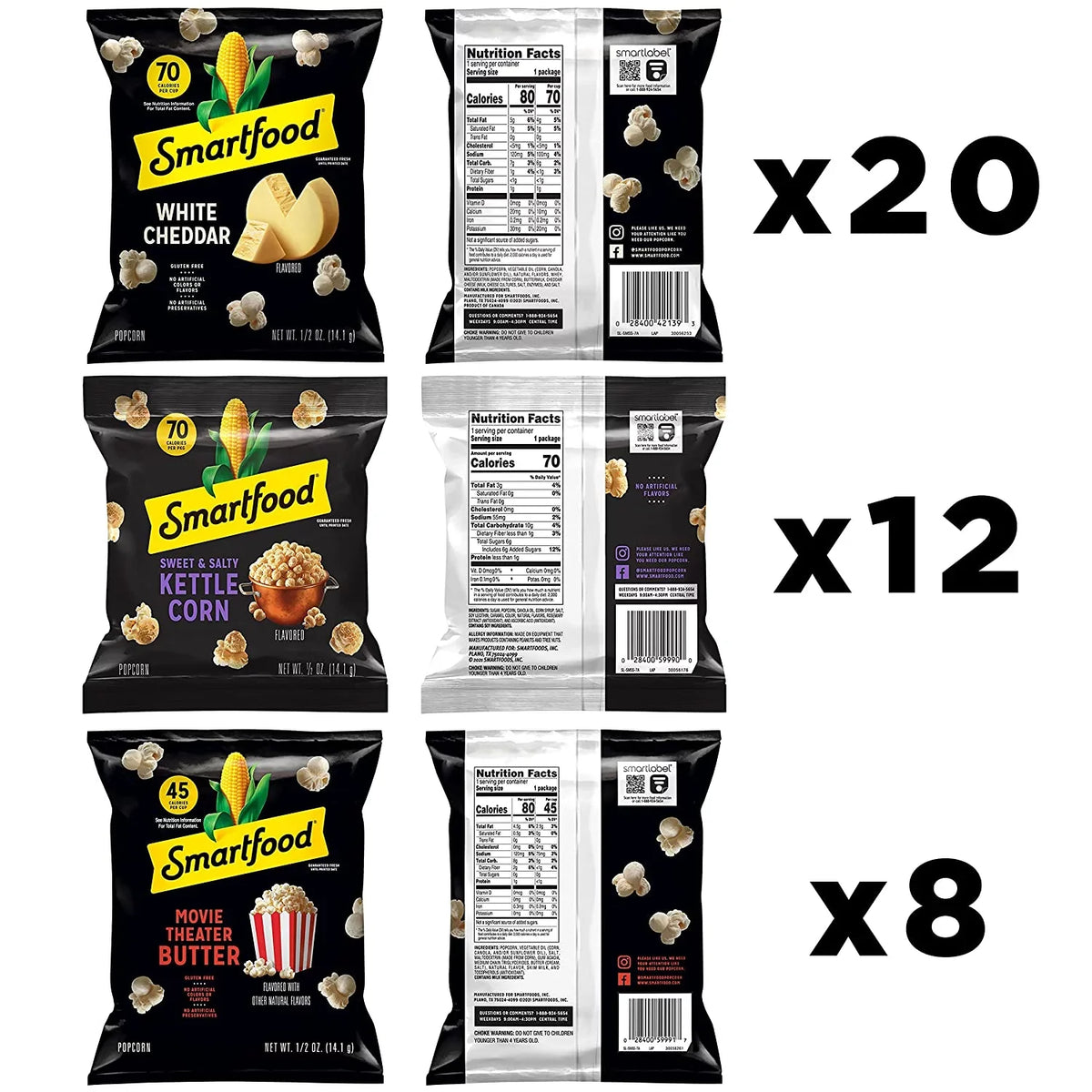 (2 pack) Smartfood White Cheddar, Kettle Corn & Movie Theater Butter Flavor Variety Pack Popcorn Snacks, 0.5 oz Bags, 40 Count Multipack