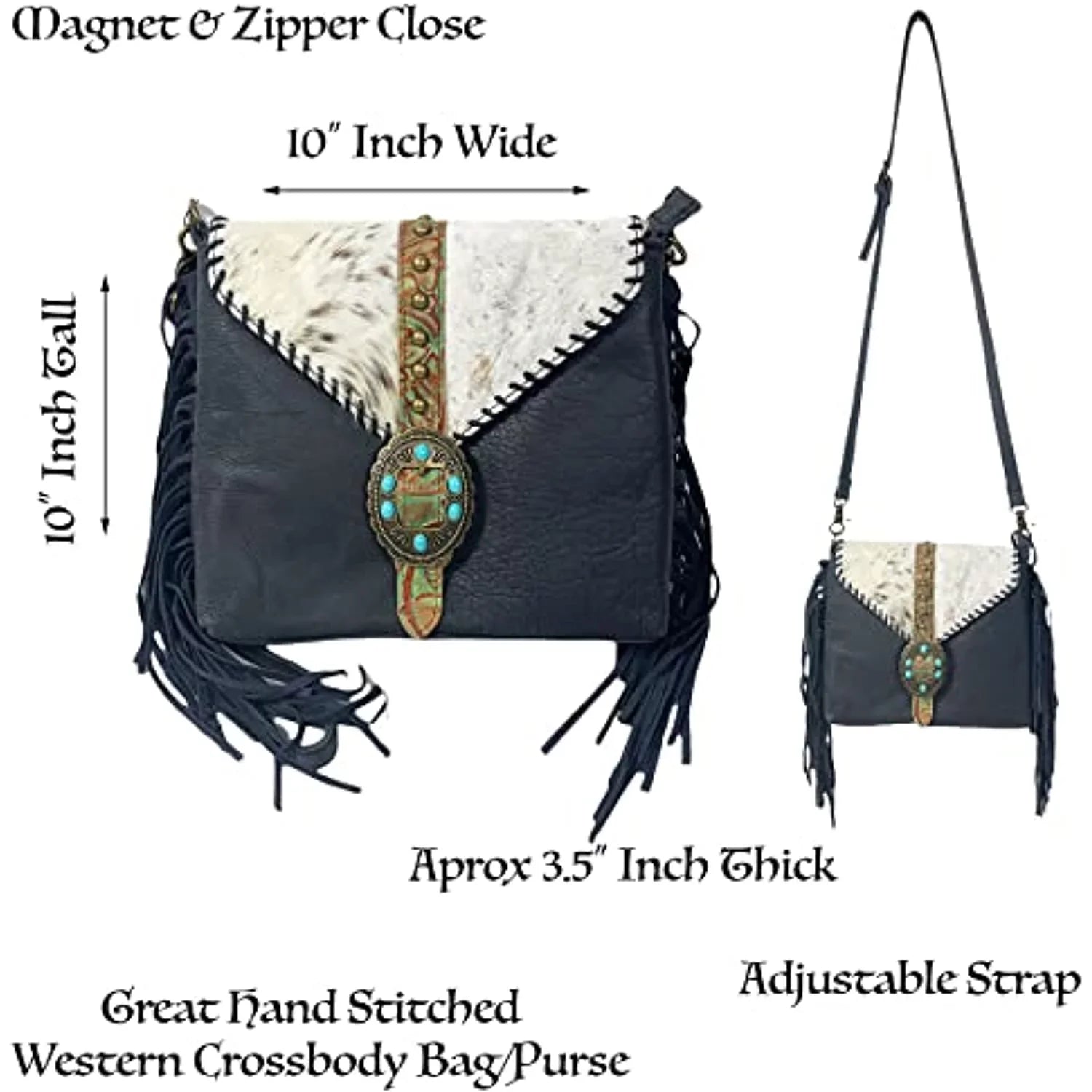 Urbalabs Western Crossbody Fringe Buckle Cowhair Leather Messenger Teal Stone Tooled Tote Bag Hand Stitched Purses (Blue)