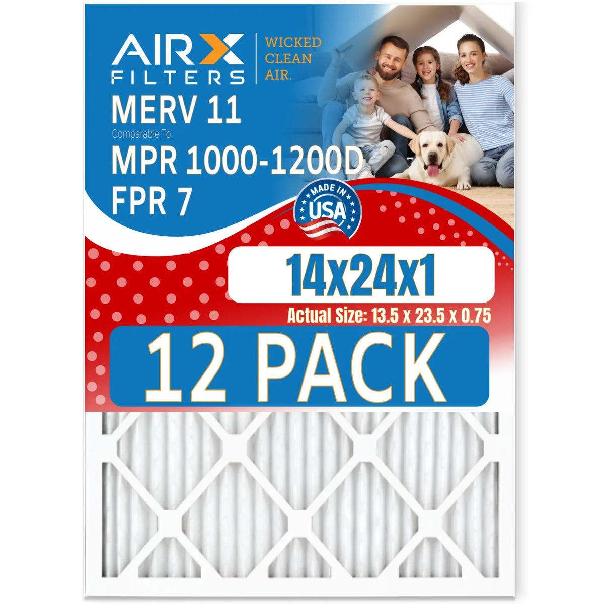 14x24x1 Air Filter MERV 11 Rating, 12 Pack of Furnace Filters Comparable to MPR 1000, MPR 1200 & FPR 7 - Made in USA by AIRX FILTERS WICKED CLEAN AIR.