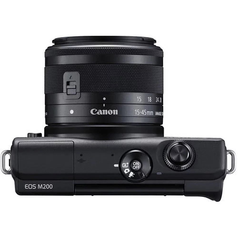 Repaired Canon EOS M200 Mirrorless Digital Camera with 15-45mm Lens (Black) (3699C009) + 64GB Memory Card + Case + Card Reader + Flex Tripod + Hand Strap + Cap Keeper + Memory Wallet + Cleaning Kit (Refurbished)