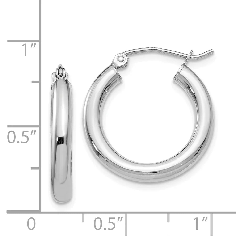 Real 14kt White Gold Polished 3mm Lightweight Tube Hoop Earrings; for Adults and Teens; for Women and Men