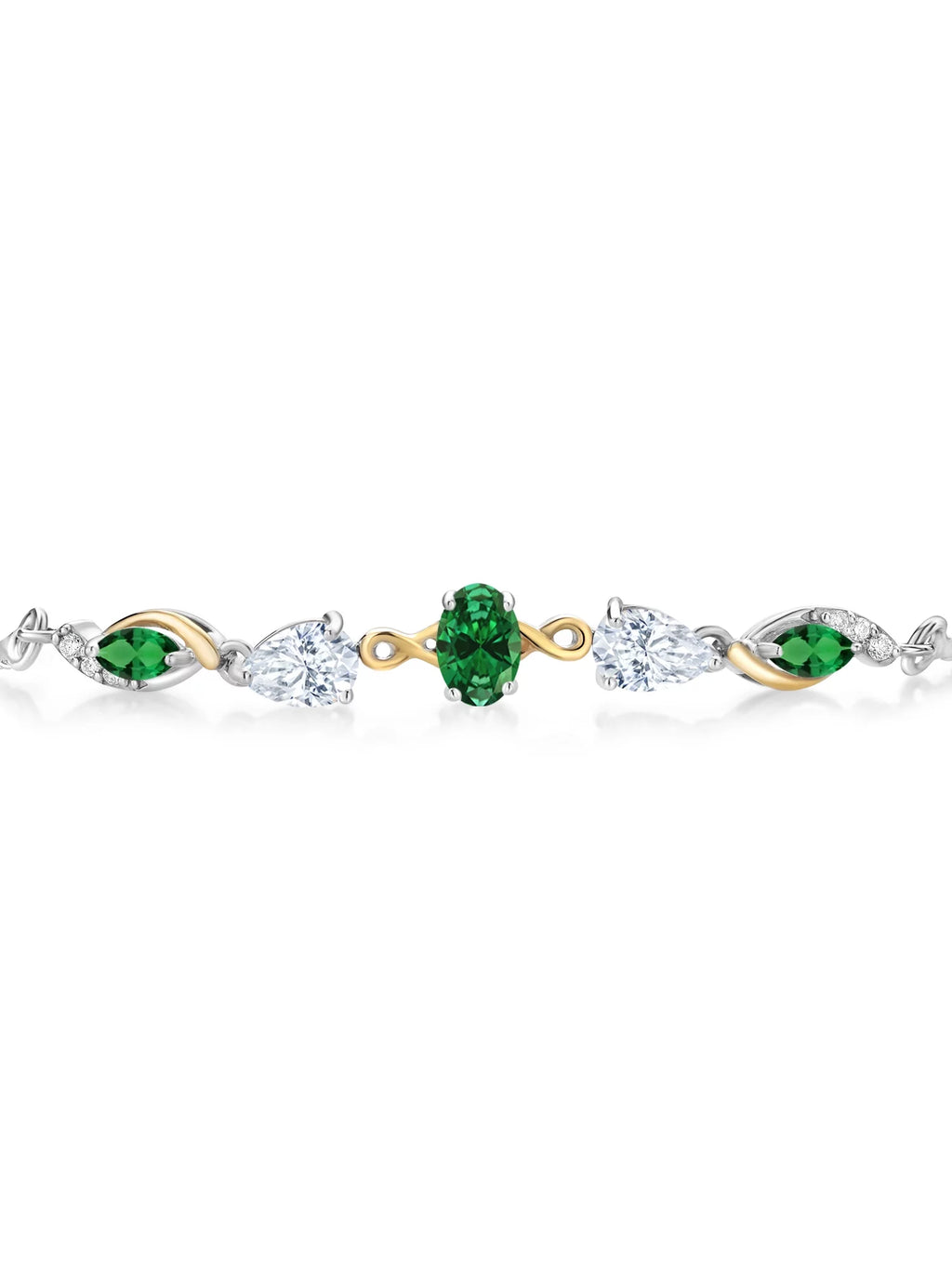 Gem Stone King 925 Silver and 10K Yellow Gold Green Created Emerald White Moissanite Nano Emerald and Lab Grown Diamond Tennis Bracelet for Women By Keren Hanan (1.59 cttw, Adjustable Up To 9 inch)