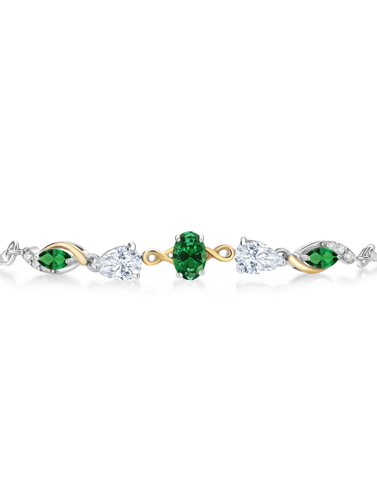 Gem Stone King 925 Silver and 10K Yellow Gold Green Created Emerald White Moissanite Nano Emerald and Lab Grown Diamond Tennis Bracelet for Women By Keren Hanan (1.59 cttw, Adjustable Up To 9 inch)