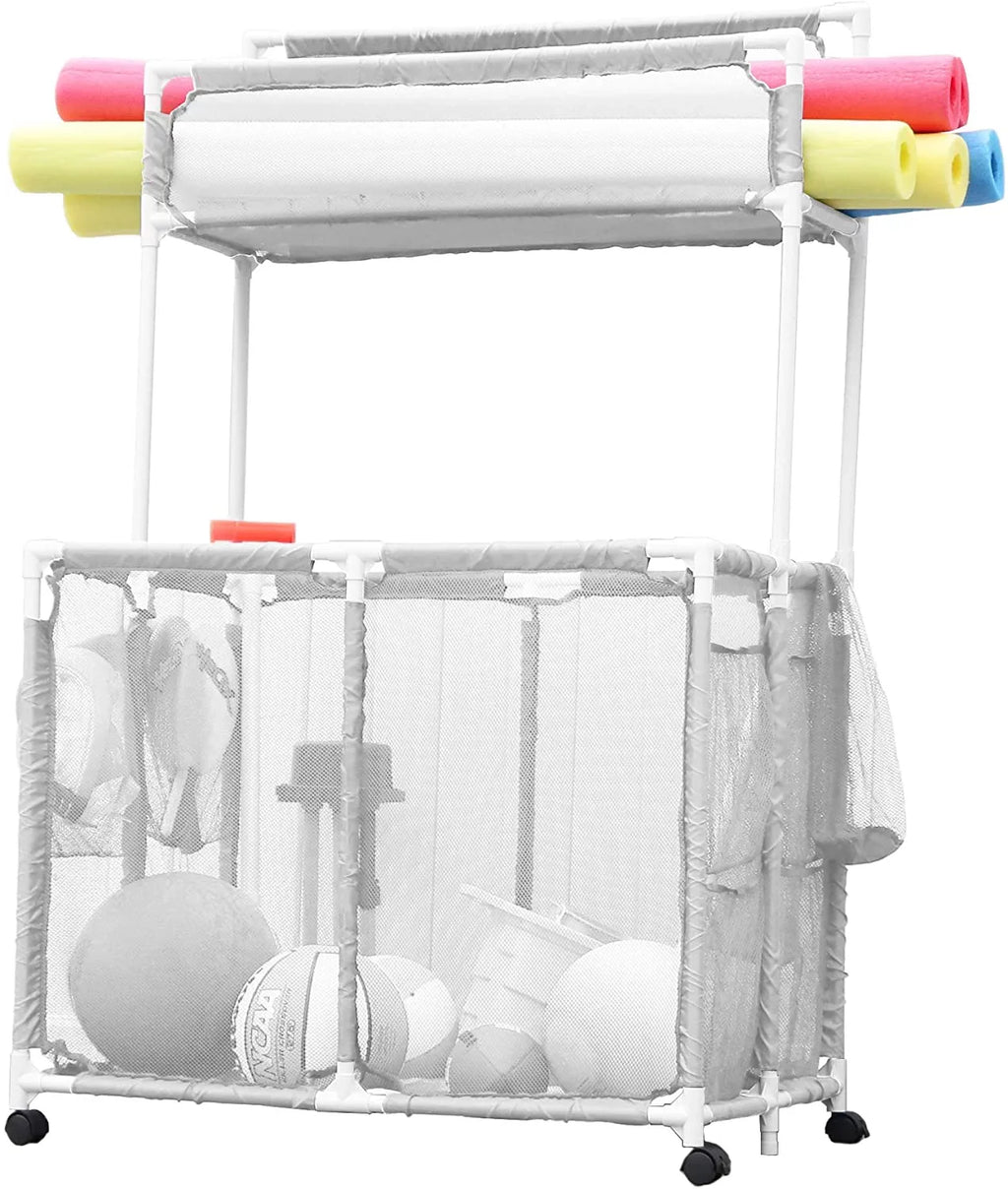 Essentially Yours Pool Noodles Holder, Toys, Floats, Balls and Floats Equipment Mesh Rolling Storage Organizer Bin,, Extra-Large, (47.2" W x 30.2" L x 34" H), White Style 455119