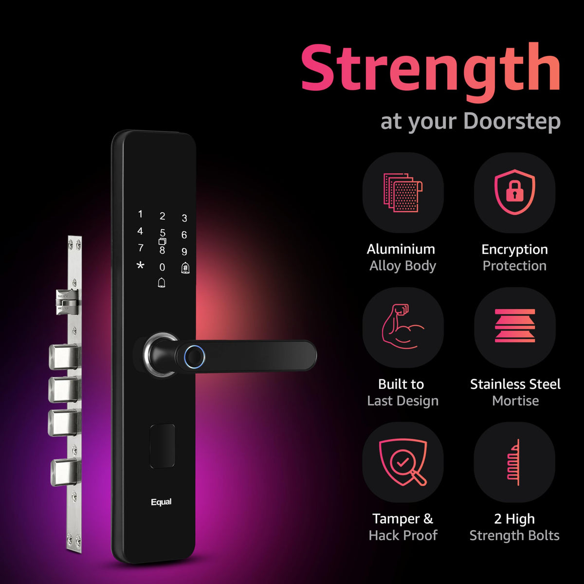 Equal Smart Door Lock A8 Wifi | 6-Way Unlocking | Fingerprint, Pincode, Rfid Access Card, Mechanical Key, Otp Access, Mobile App (Wifi) For Wooden Doors | 1 Year Brand Wa