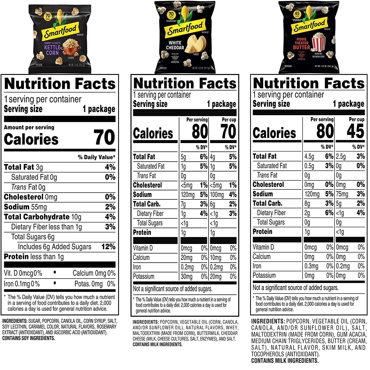 (2 pack) Smartfood White Cheddar, Kettle Corn & Movie Theater Butter Flavor Variety Pack Popcorn Snacks, 0.5 oz Bags, 40 Count Multipack