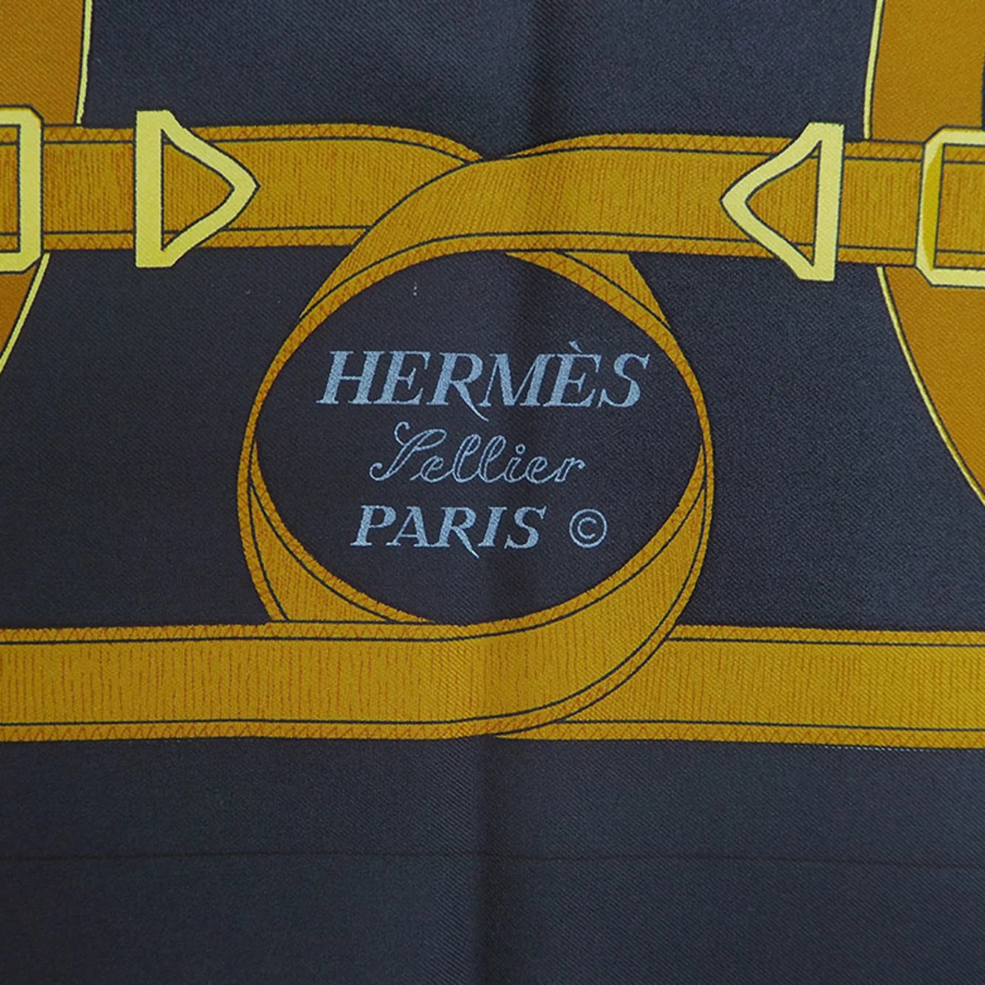 Pre-Owned HERMES Hermes Carre 90 Eperon d'or Golden Spur Pellier Black x Yellow H.d'ORiGNY Scarf Muffler (Good)