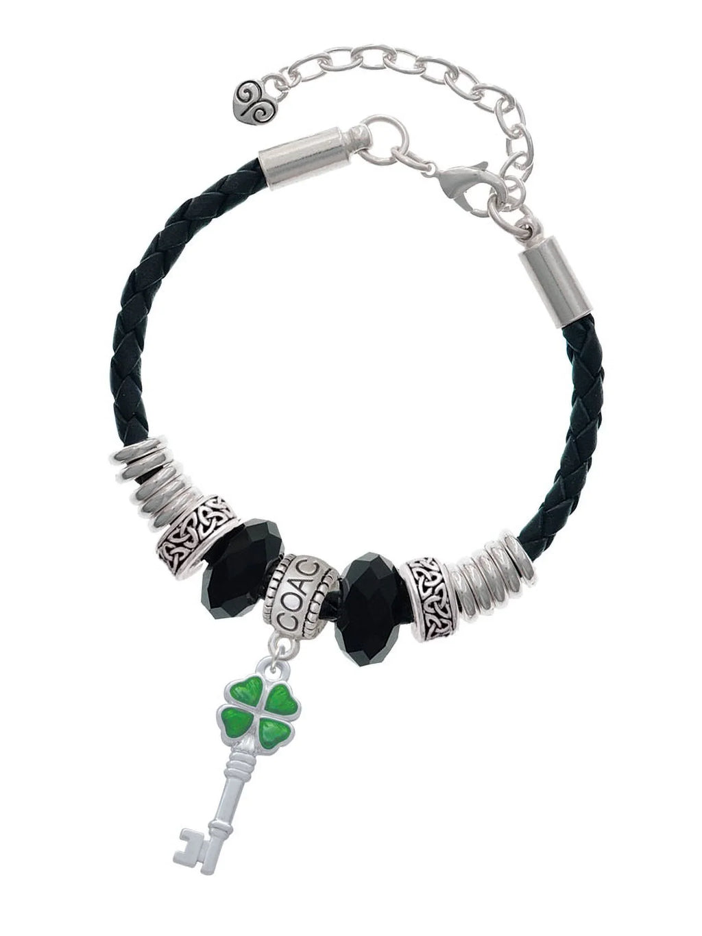 Delight Jewelry Silvertone Translucent Green Lucky Four Leaf Clover Key Coach Celtic Knot Leather Bead Bracelet, 7"+2" Extender