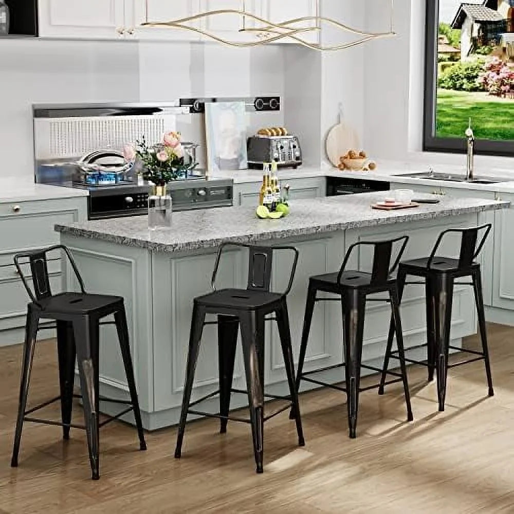 SPBOOMlife Metal  Stools Set of 4 Barstools Counter Height  Stools with Back Industrial  Stools Indoor Outdoor Kitchen Dining Chairs Modern  Chairs Distressed Navy Blue 24inch Stools