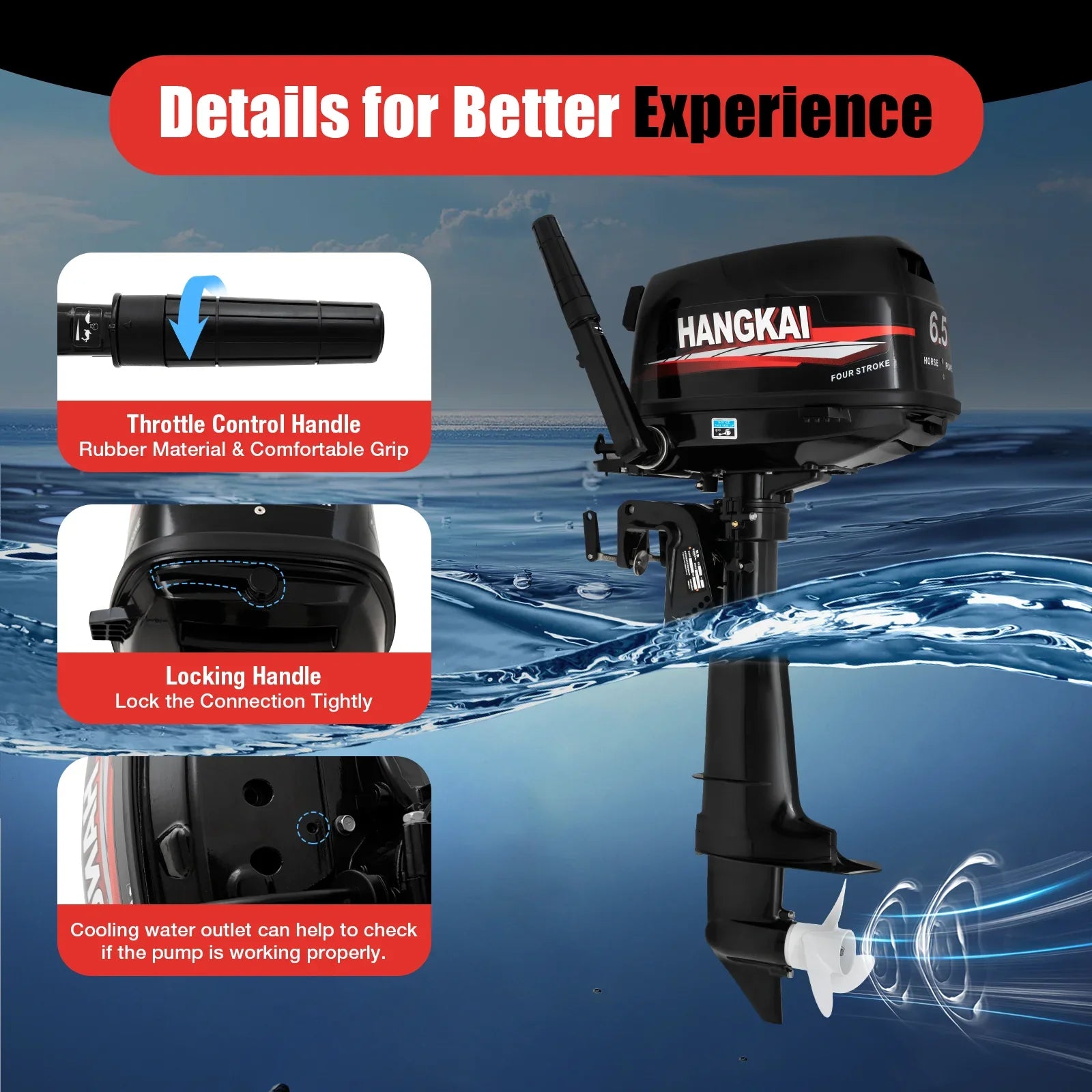 Anqidi 6.5HP 4 Stroke Outboard Motor 123CC Heavy Duty Boat Engine with Single Cylinder Water Cooling System & CDI Ignition Tiller Control Max 6000r/min