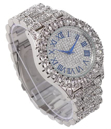 Charles Raymond Mens Silver Big Rocks with Roman Numerals Fully Iced Out Colorful Dial Wristwatch w/Blinged Out Cuban Shiny Silver Bracelet - ST10327 RN Cuban (Silver Royal Blue R #)