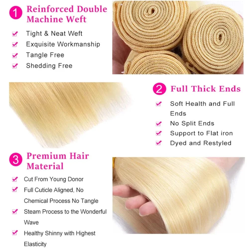613 Honey Blonde Straight Human Hair 613 Bundles 22 22 22 Inch 8A Grade Unprocessed Brazilian Virgin Human Hair Extension 100 gram/pc Bundles