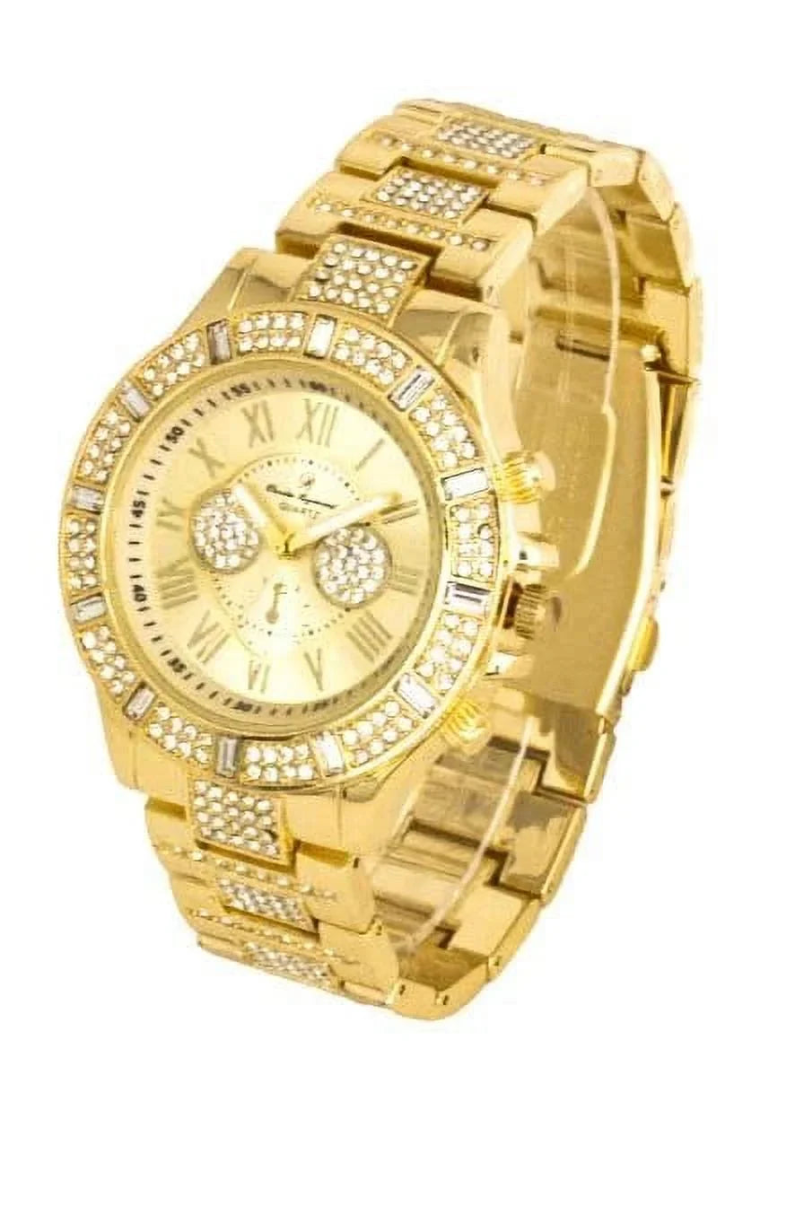 Iced Mens Single Watch- Big Rhinestones on Trim and Elegant Baguette Time Indicators on Dial - ST10226B (ST10506 Gold)