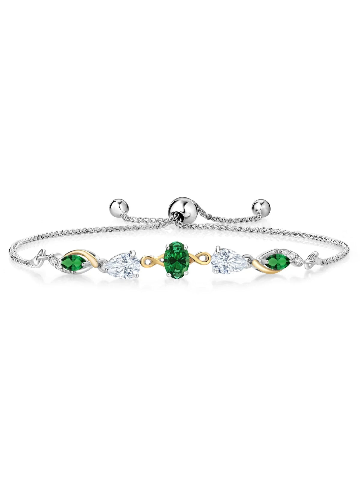 Gem Stone King 925 Silver and 10K Yellow Gold Green Created Emerald White Moissanite Nano Emerald and Lab Grown Diamond Tennis Bracelet for Women By Keren Hanan (1.59 cttw, Adjustable Up To 9 inch)