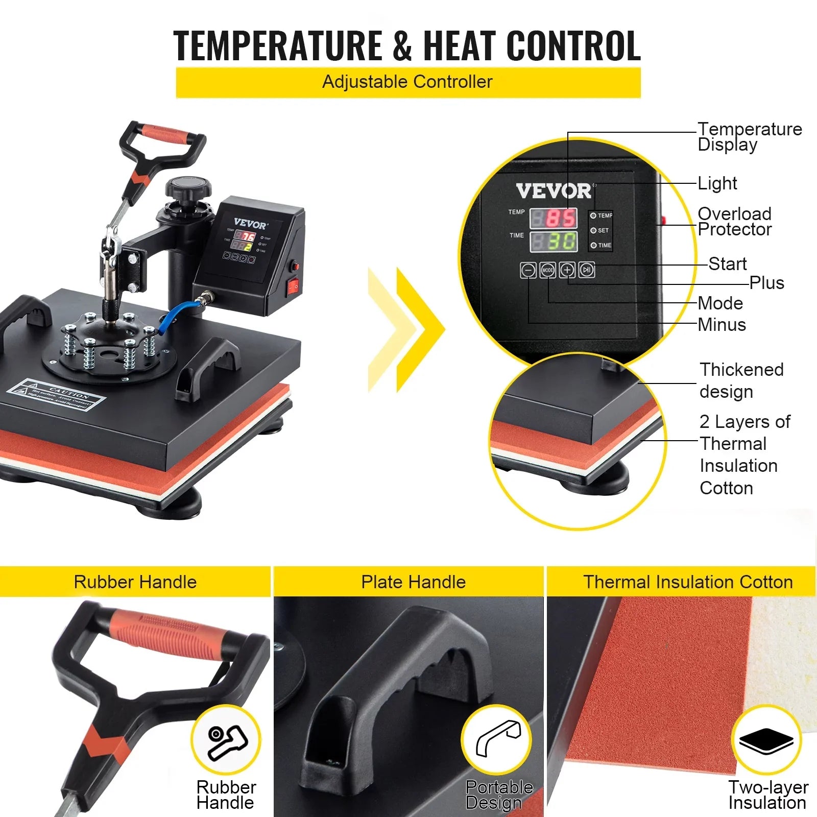 VEVORbrand 6 in 1 Heat Press Machine 15"x15" Combo Digital Multifunctional Sublimation Heat Transfer Machine Dual LED Panel 360 Degree Rotation Swing Away for Printing T Shirts Hat Mug Cap Plate