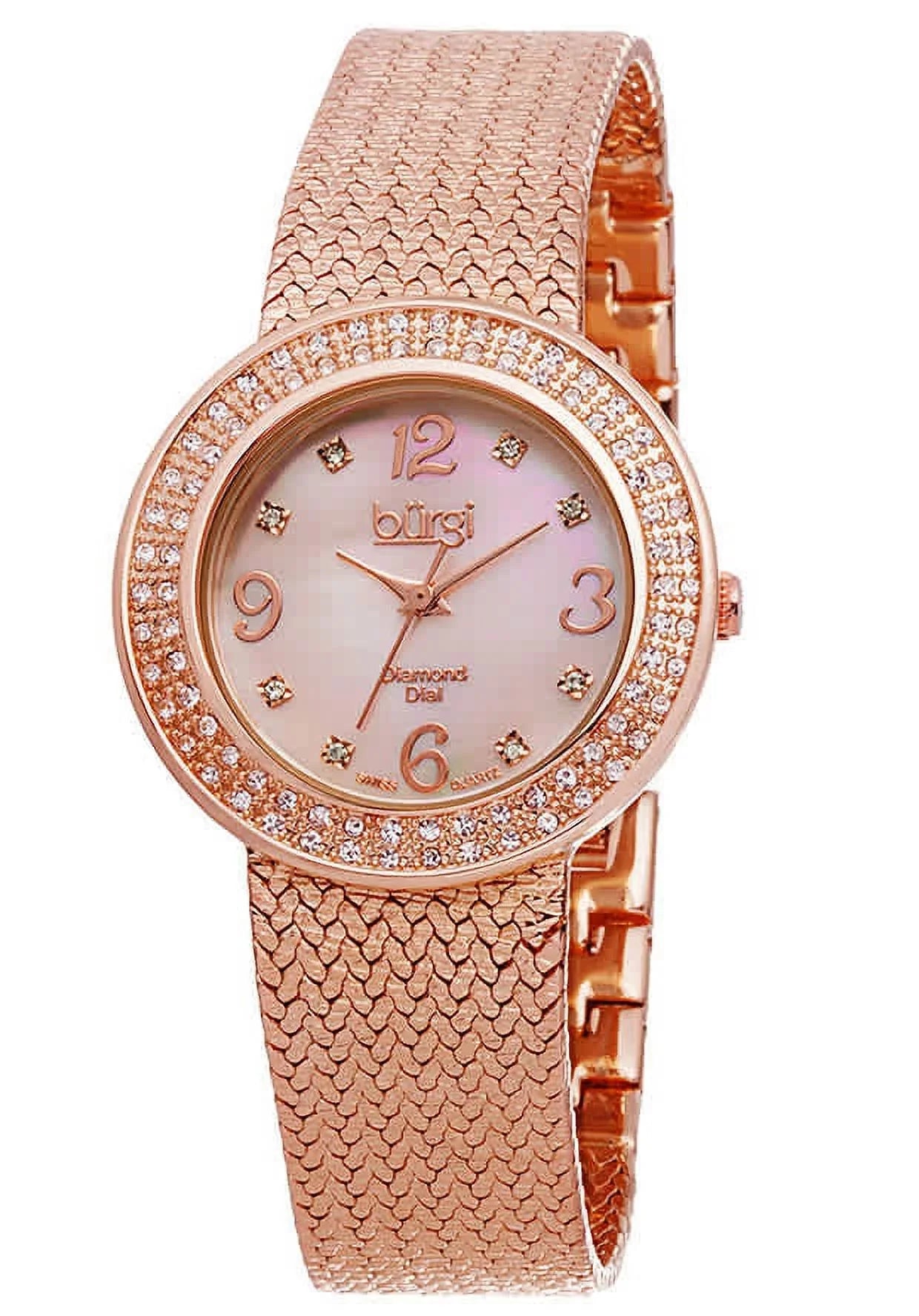 Women's BUR097RG Crystal Accented Rose Gold Swiss Quartz Watch with Pink Mother of Pearl Dial and Rose Gold Bracelet