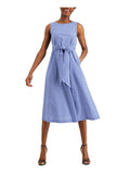 ANNE KLEIN Womens White Slitted Gathered Keyhole Back Tie Belt Unlined Check Sleeveless Round Neck Midi Fit + Flare Dress XS