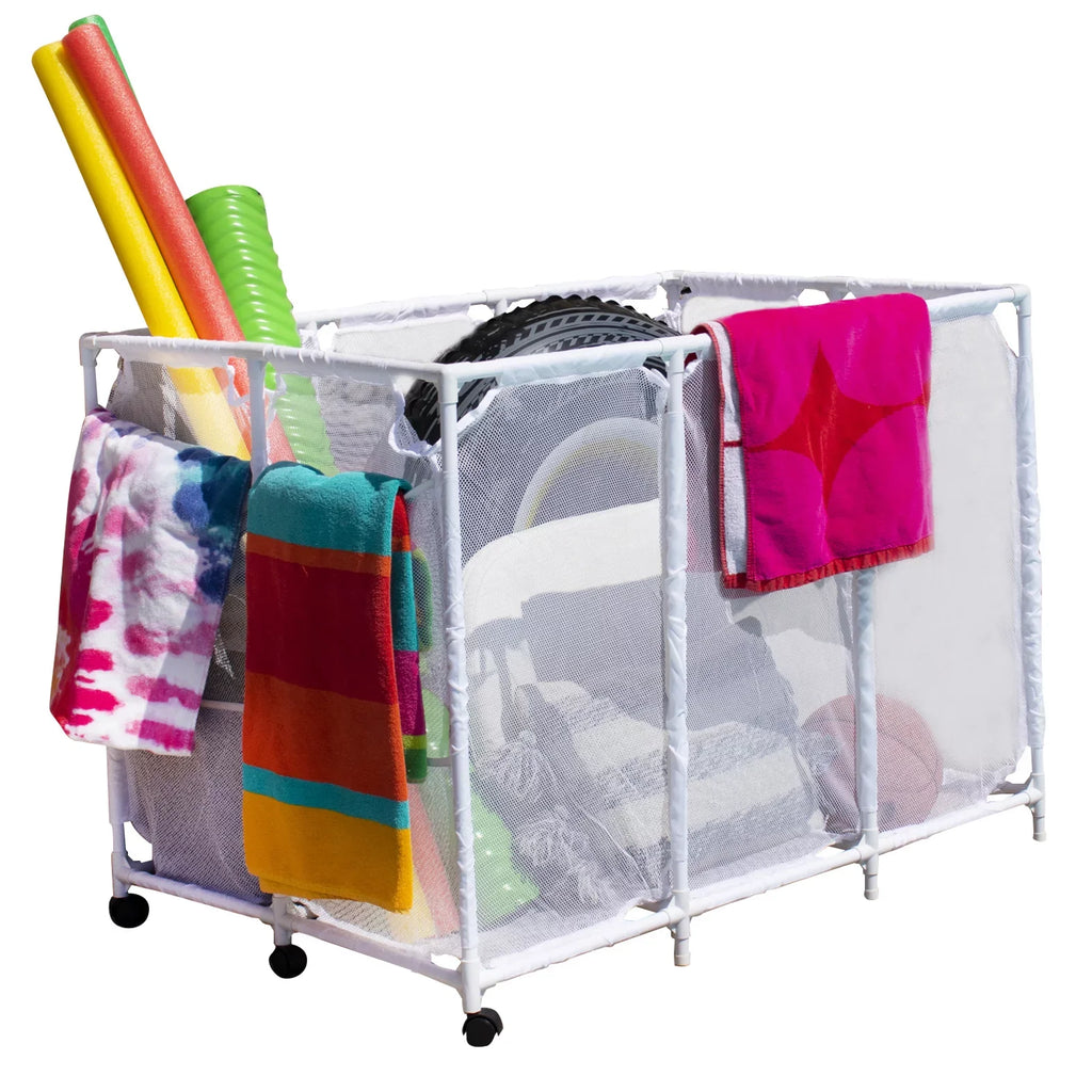Essentially Yours Pool Noodles Holder, Toys, Floats, Balls and Floats Equipment Mesh Rolling Storage Organizer Bin,, Extra-Large, (47.2" W x 30.2" L x 34" H), White Style 455119